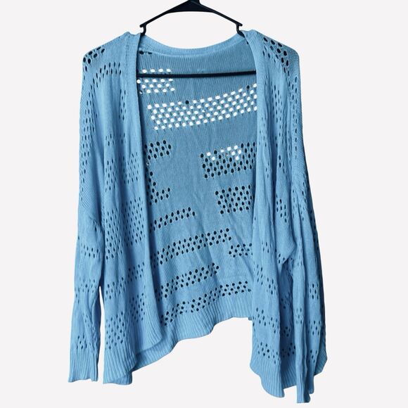 Women's Blue Open Knit Cardigan Open Front One Size Fits Most Boho Beachy - Picture 5 of 6